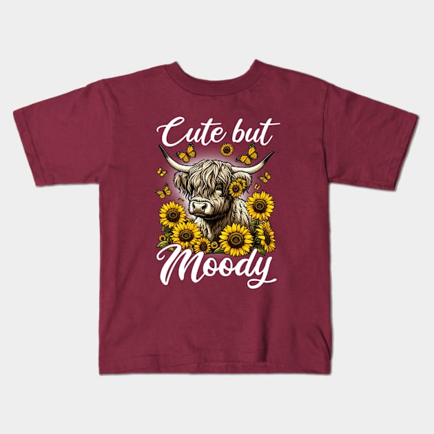 Cute but Moody Highland Cow Kids T-Shirt by DetourShirts